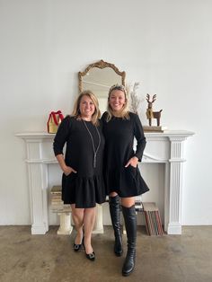 The perfect black dress for the holidays, our ruffled long-sleeve dress is a loose, relaxed fit and super comfortable. This flowy and adorable dress can be worn for holiday photos, parties, and much more. Annalee is wearing the size Medium and Kathleen is wearing the large. Please note it is a very relaxed fit, to avoid having it be too loose, I recommend sizing down.