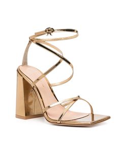 Gianvito Rossi Ludovica Metallic Sandal in Mekong Square open toe Buckle-fastening ankle strap Crossover straps Patent finish Leather upper, lining, and sole 3.7” (95 mm) block heel Made in Italy Evening Jumpsuit, Metallic Sandals, Women Men Shoes, Casual Blazer, Gianvito Rossi, Vest Dress, Handbag Accessories, Crossover, Block Heels