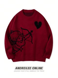 ANDREILEE Men's Cute & Simple Fashion Angel Shooting Heart Jacquard Pattern Black Long Sleeve Sweater, Crew Neck, Streetwear, Loose, Versatile Knitted Top For Fall/Winter Red Casual  Long Sleeve Knitwear Animal,Cartoon,Colorblock,Geometric,Halloween Pullovers Medium Stretch  Men Clothing, size features are:Bust: ,Length: ,Sleeve Length: Red Long Sleeve Sweater For Valentine's Day, Red Long Sleeve Valentine's Day Sweater, Sweater Designs, Sweater Streetwear, Streetwear Sweater, Black Long Sleeve Sweater, Winter Red, Outwear Coat, Graphic Sweaters