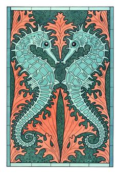 Art Nouveau Seahorses Poster Nouveau Tattoo, Coral Art, Art Nouveau Illustration, Art Nouveau Pattern, Art Nouveau Poster, Mermaid Pictures, Art Nouveau Design