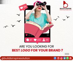 a woman looking through binoculars with the words are you looking for best logo for your brand?