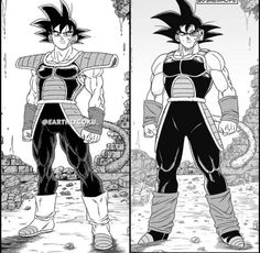 two pages of the same character from dragon ball, one with black hair and one with white