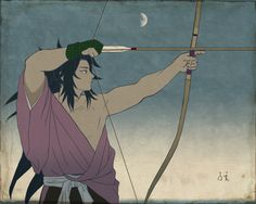 an image of a man holding a bow and arrow in his hand with the moon behind him