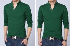 Style: Fashion, CasualFeature: BreathableType: SlimMaterial: CottonSleeve Length: FullCollar Type: Stand Collar, V-neck Green V-neck T-shirt For Fall, Mandarin Collar Pattern, Mandarin Collar Shirt, Slim Fit Polo, Green T Shirt, Polo T Shirts, Polo T Shirt, Collar Pattern, Colors Green