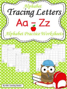 an alphabet practice workbook with an owl sitting on top of a pile of books