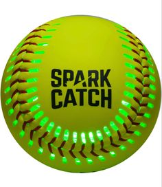 a neon green softball with the words spark catch in black lettering on it's center