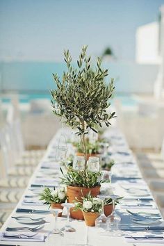 an outdoor table set up with place settings and plants in pots on the tables, along with empty wine glasses