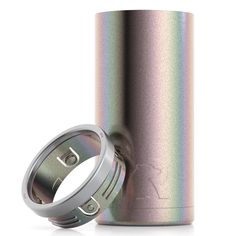 a stainless steel flask with a ring on the top and bottom, against a white background