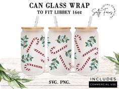 three glass jars with candy canes on them and the words can glass wrap to fit liberty