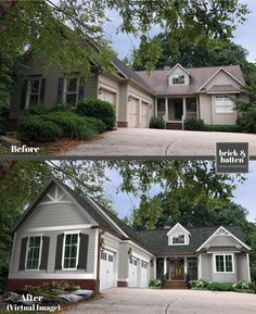 before and after pictures of a house with white trim on the front, side and top windows