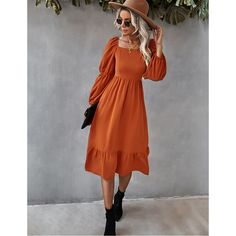 Orange Square Neck Ruffle Detail Long Sleeve Dress Solid Non-stretch Midi Dress For Brunch, Casual Winter Midi Dress For Brunch, Brown Solid Color Midi Dress For Fall, Brown Solid Color Midi Dress For Spring, Brown Midi Dress For Fall Brunch, Brown Fall Midi Dress For Brunch, Fall Midi Dress With Ruffles For Day Out, Fall Brunch Brown Midi Dress, Solid Color Dress For Fall Brunch