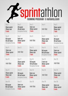 the sprintathlon 30 - day running program is shown in red and black on a gray background