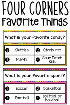 four corners for favorite things with the text, what is your favorite candy?