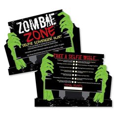 two business cards with zombie hands on the front and back of each card, one is for