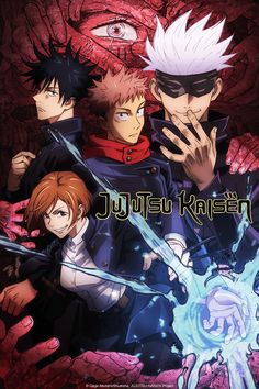 an anime poster with two men and one woman holding swords in front of the camera