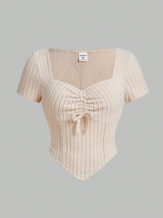 Teenage Girls' Knitted Ribbed Sweetheart Neckline And Gathered Chest, Casual Short Sleeve T-Shirt Apricot Casual  Short Sleeve Knitted Fabric Plain  Slight Stretch  Teen Girls Clothing, size features are:Bust: ,Length: ,Sleeve Length: Sweetheart Neckline Top, Pretty Shirts, Shirts For Teens, Teenage Girls