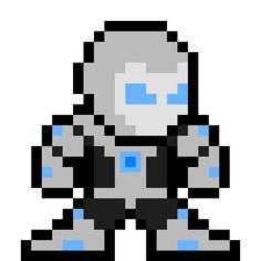 a pixellated image of a robot with blue eyes