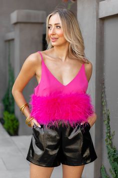 BuddyLove Reno Feather Tank Top - Fuchsia Glamorous V-neck Crop Top For Spring, Glamorous V-neck Crop Top For Summer, Glamorous V-neck Summer Crop Top, Chic Sleeveless Feathered Top, Spring Sleeveless Tops With Feather Trim, Sleeveless Feather Trim Tops For Spring, Sleeveless Tops With Feather Trim For Spring, Summer Party Tops With Feathers, Chic Summer Top With Feather Trim