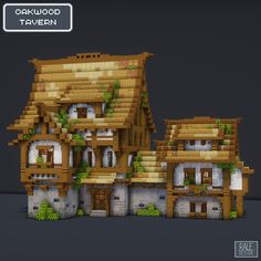 an image of a house made out of wood and stone with plants growing on the roof