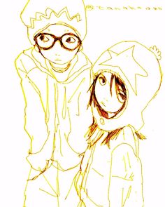 a drawing of two people with glasses and a hat on, one is holding the other's hand