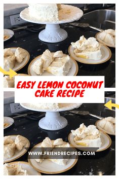 easy lemon coconut cake recipe on a white plate with text overlay that reads easy lemon coconut cake recipe