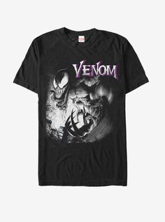 a black t - shirt with an image of two demonic monsters and the word venom on it