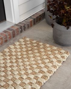 a close up of a rug on the ground near a potted plant and door