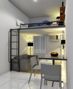 the loft bed is built into the wall above the dining room table and chair set