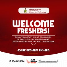 a red and white poster with the words welcome freshers on it's side