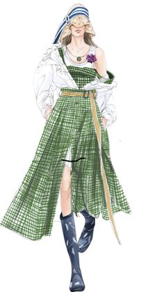 a drawing of a woman in a green dress and hat with a long skirt on