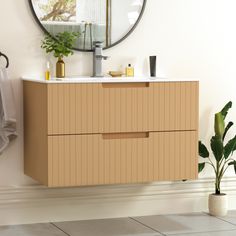 a bathroom vanity with a mirror above it and a potted plant in the corner