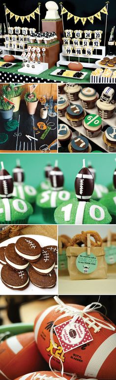 a football themed party with cookies and pretzels