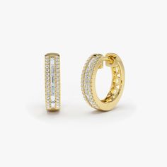 14K Pave Diamonds and Baguette Hoop Earrings – FERKOS FJ Baguette Hoop Earrings, Custom Diamond Jewelry, Baguette Earring, Gold Diamond Hoop Earrings, Types Of Diamonds, Diamond Hoop Earrings, Stunning Earrings, Baguette Diamond, Diamond Color