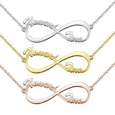 How sweet is this Infinity Name Necklace? It is a stylish design that looks stunning on its own or layered with other necklaces for a bolder look. From a delicate, but strong chain, hangs an infinity pendant that can be personalized with two words. Some great options include names, inspirational words, and short messages. Personalized jewelry is wonderful because it is unique and has meaning to the wearer. As a sweet gift idea, BFFs or couples could get their names put on one infinity symbol. Th Portrait Necklace, Name Necklace Silver, Sweet Gift Ideas, Infinity Pendant, Short Messages, Photo Necklace, Leather Keyring, Tree Of Life Necklace, Infinity Necklace