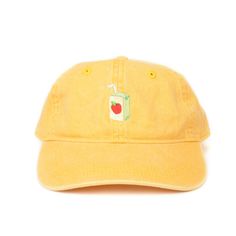 🍎 A childhood favorite 🍎✨ Get one of our Apple Juice hats for your daily needs! Each hat is: - 100% Pigment-dyed, water-washed cotton twill - Embroidered in the USA with a unique design - One size, adjustable with an antique brass snap and tuck-in closure - 6-panel construction, unstructured As each hat is individually made, each one is unique and may vary slightly from the pictures. Yellow Cotton Trucker Hat With Curved Brim, Yellow Cotton Dad Hat, One Size Fits Most, Fun Adjustable Cotton Dad Hat, Fun Cotton Snapback Hat One Size, Fun Cotton Snapback Hat One Size Fits Most, Fun Cotton Visor Hat, Casual Adjustable Baseball Cap For School, Fun Cotton Snapback Baseball Cap, Fun Cotton Snapback Trucker Hat