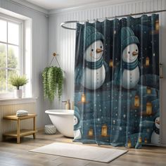 a snowman shower curtain with two penguins in the night sky and stars on it