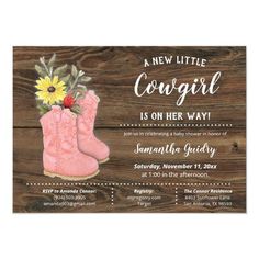 a new little cowgirl is on her way baby shower card with pink boots and sunflowers