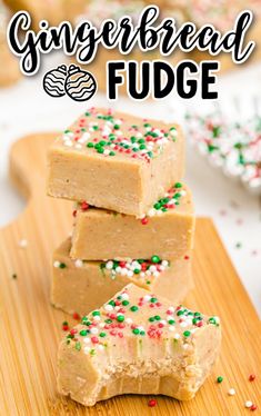 gingerbread fudge with sprinkles on a cutting board and text overlay