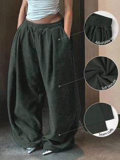 Women Casual Solid Color Corduroy Wide Leg Baggy Pants Dark Green Casual   Polyester Plain Straight Leg Slight Stretch All Women Clothing, size features are:Bust: ,Length: ,Sleeve Length: Baggy Clothing, High Street Fashion, Baggy Pants, Baggy Pant, Women Pants, High Fashion Street Style, Corduroy Pants, Kids Beachwear, Amazing Products