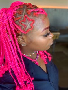 Knotless With Star On The Side, Knotless Braids With Star Design, Sparkly Knotless Braids, Star Knotless Braids, All Pink Braids, Braids With A Star, Hot Pink Knotless Braids, Pink Stitch Braids