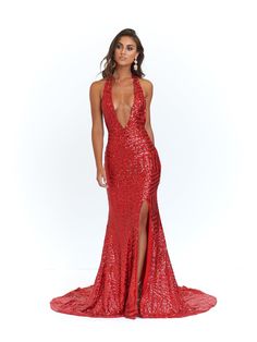 The Cleopatra Grown is a stunning halter neck gown with a deep v-plunge neckline. It is backless with a long mermaid train. Stand out with the detailed sequinned pattern. The material is super stretchy and is lined to the hem. What is a Made-To-Order? This product is a made-to-order item. Made-to-order items are not held in physical stock and production commences AFTER order placement. We try to limit production and stock levels and as such, made-to-order items produce less waste and allow you t Glamorous Low Back Evening Dress, Halter Neck Evening Dress With Keyhole Back For Gala, Backless Mermaid Dress For Gala, Glamorous Party Gown With Low Back, Glamorous Low Back Gown For Party, Glamorous Low Back Party Gown, Prom Gown With Sweep Train And Halter Neck, Halter Neck Prom Gown With Sweep Train, Glamorous Backless Gown With Sweep Train