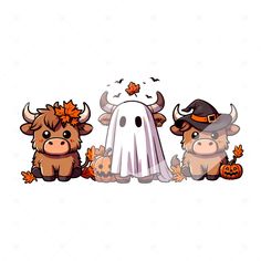 two brown cows sitting next to each other in front of a white ghost and pumpkin