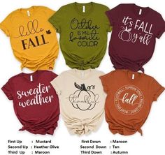 six t - shirts with the words fall, autumn, and fall written on them