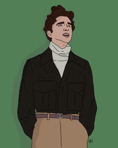 a drawing of a man wearing a black jacket and brown pants with his hands in his pockets