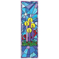 a stained glass window with three candles in the center and holly wreaths on it