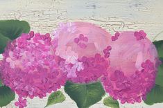 a painting of pink flowers and green leaves on a white painted wood paneled background