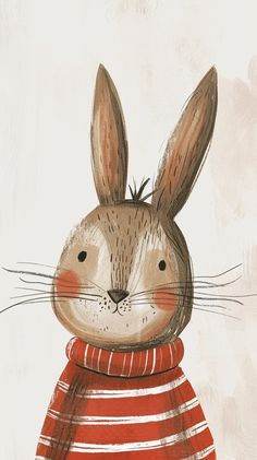 a drawing of a rabbit wearing a red and white striped shirt with his ears up