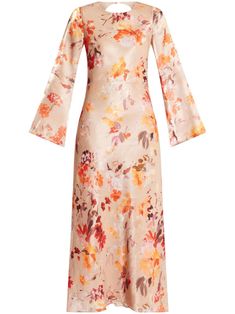 orange floral print long sleeves rear button fastening crew neck Orange Silk Midi Dress For Spring, Orange Silk Dress With Floral Print, Aje Dress, Plunge Midi Dress, Orange Floral Dress, Orange Floral Print, Rose Print Dress, Flowy Fabric, City Dress