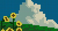 a cross stitch pattern with yellow flowers in the foreground and clouds in the background