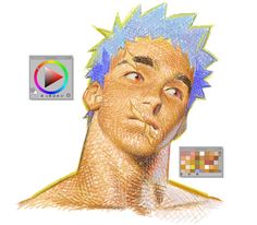 a drawing of a man with blue hair and an image of the color pick tool